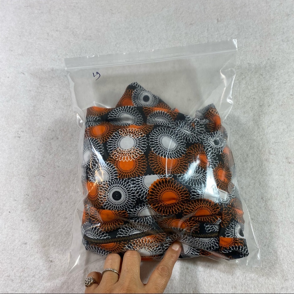 Jumper Jumpsuit Front Zip Elastic Waist Orange Gray circle Print Short Sleeve - Picture 11 of 13
